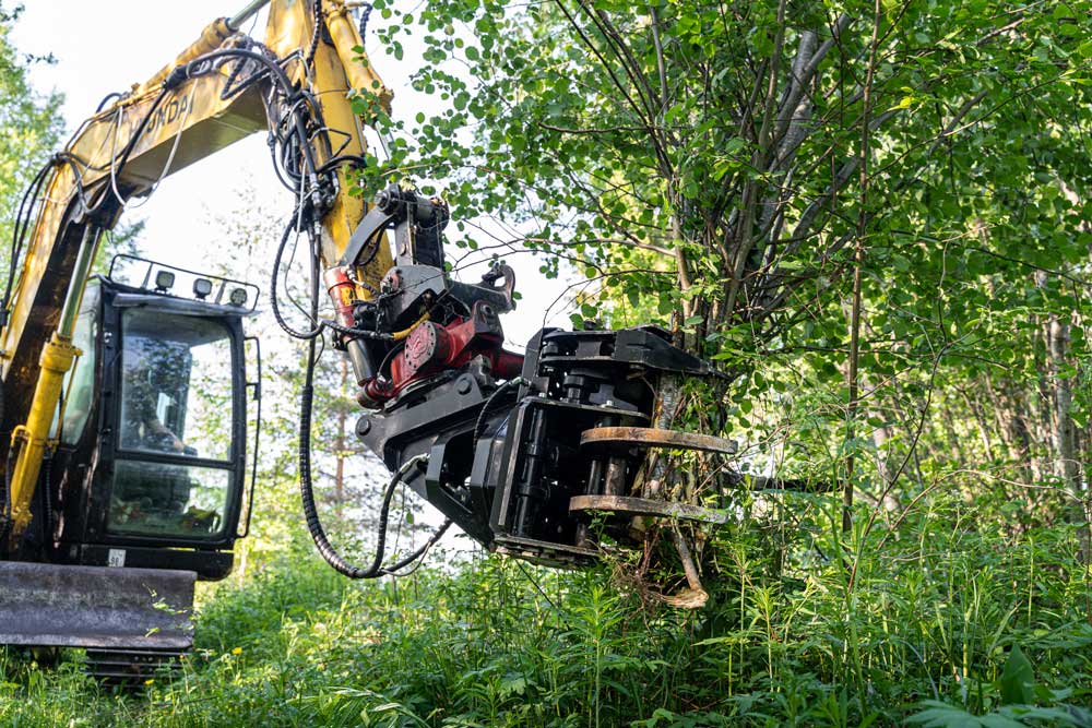 Grappin coupeur d'énergie JAK-250R avec collecteur de masse monté sur une pelleteuse, coupant des arbres de manière efficace.